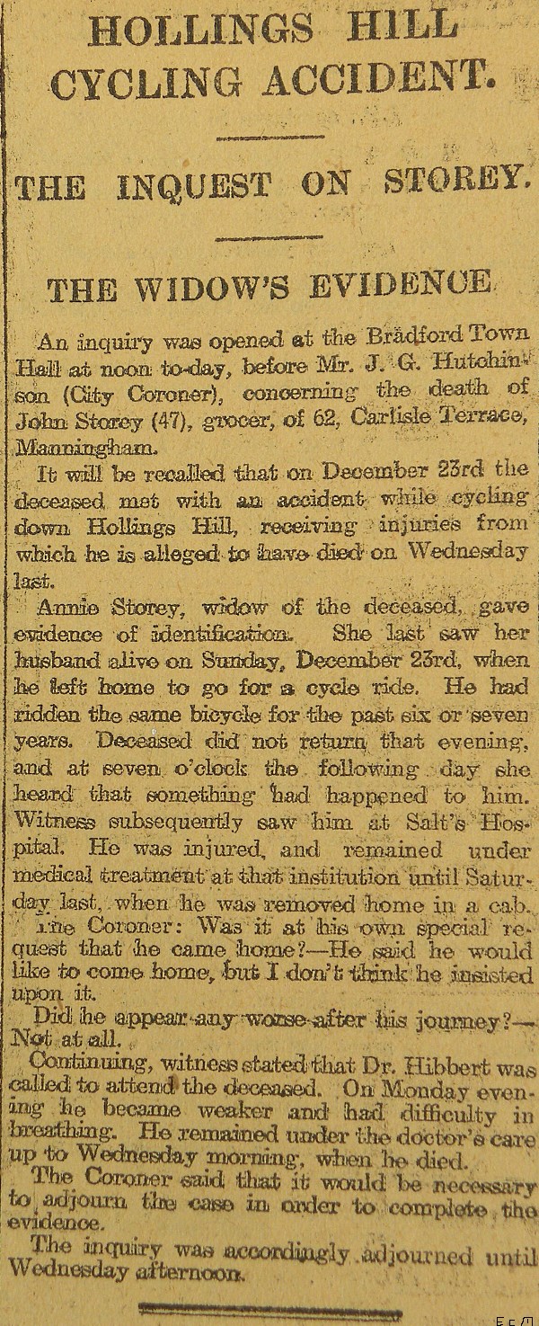 Hollings Hill, Bradford Cycling accident 1907.